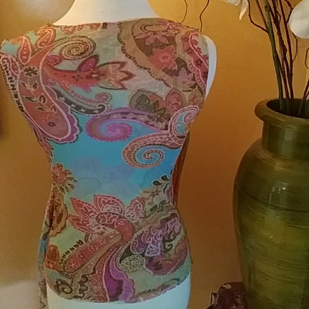 Johnny Heaven boho stretch mesh paisley top sz L - Picture 3 of 4